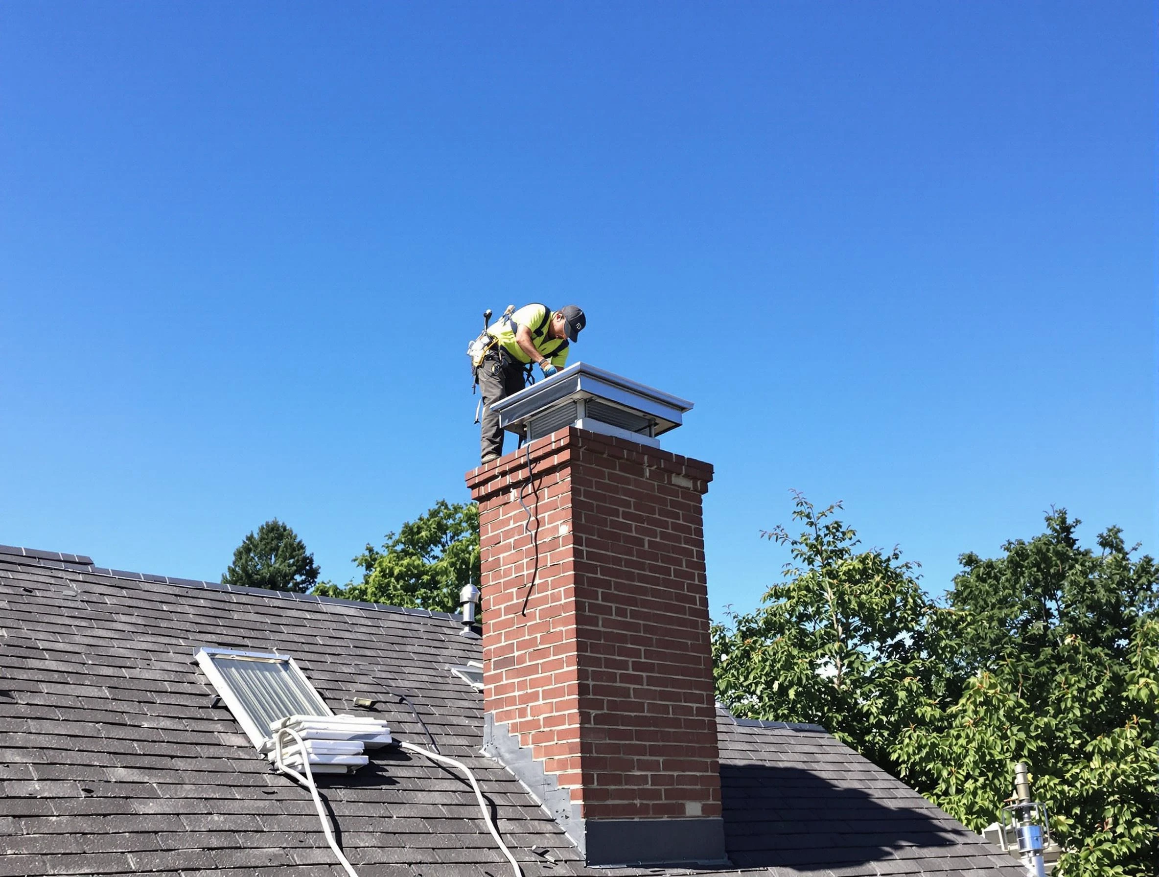 Highlands Ranch Chimney Sweep technician measuring a chimney cap in Highlands Ranch, CO